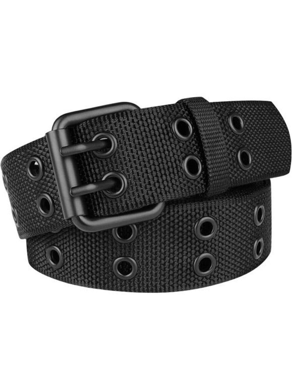 Plus Size Black Nylon Grommet Belt Double Prong Unisex Adjustable 71 Inch
